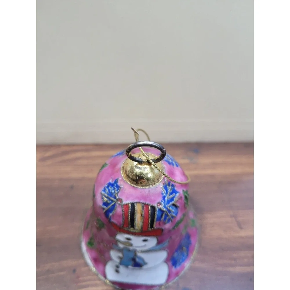 Snowman Bell Cloisonne Pink & Gold Bell Enamel Design Christmas Ornament